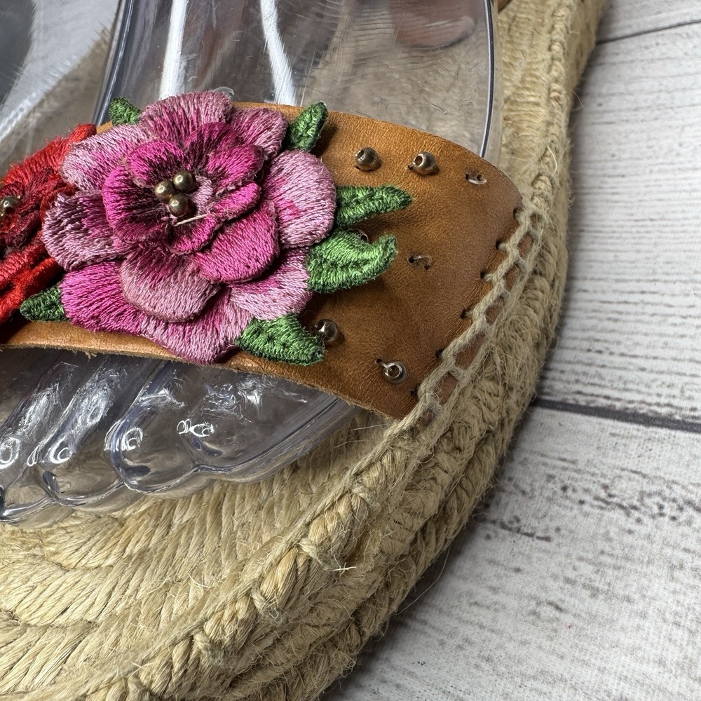 Soludos x Anthropologie Bahia Brown Leather Floral Espadrille‎ Sandals Size 6.5 - Picture 4 of 8